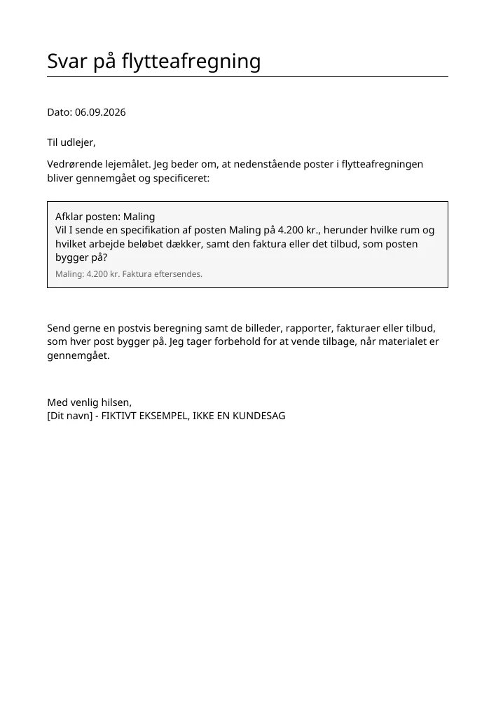Den faktiske PDF-eksport med fiktive oplysninger om en malerpost